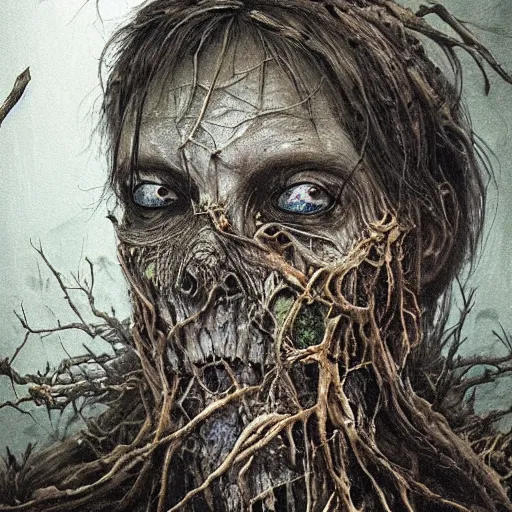 Image similar to realistic portrait undead creature made of rotting driftwood and moss. heald together by spiderwebs and fungi, dungeons and dragons, by Elodie Mondoloni, detailed intricate ink illustration, dark atmosphere, detailed illustration, hd, 4k, digital art, overdetailed art, concept art, by greg rutkowski, by loish, complementing colors, Trending on artstation, deviantart