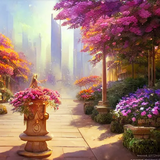 Image similar to a painting of an art - deco cityscape surrounded by flowers, a watercolor and matte painting by mark keathley and mandy jurgens and charlie bowater, cgsociety, artdeco, utopia art, sci - fi, artstation hq