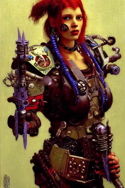 Image similar to full character portrait max mad cyberpunk warhammer 4 0 k, barbarian tech priest supersoldier not the girl with the pearl earring character design, painting by gaston bussiere, katsuya terada, nc wyeth, greg rutkowski, craig mullins, vermeer, frank frazetta, mucha, tom of finland, trending on artstation, jeffery catherine jones