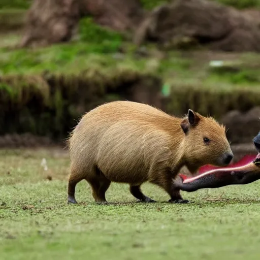 Image similar to a capybara fighting the predator