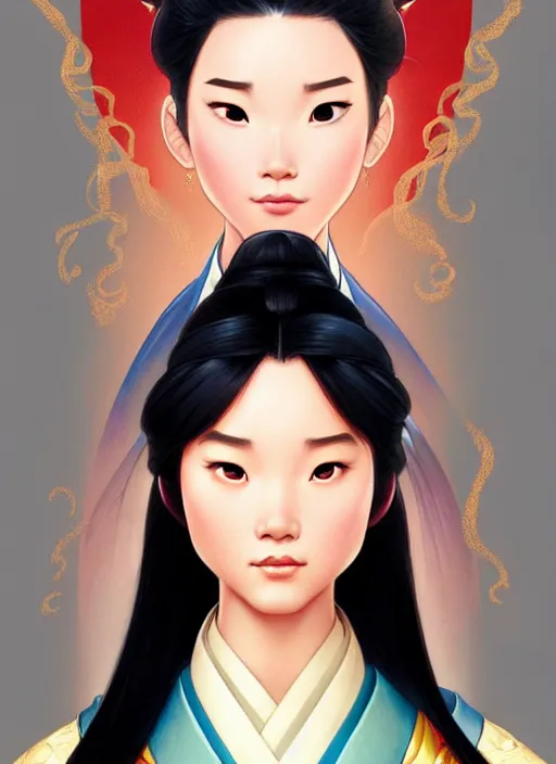 Prompt: portrait of disney mulan, intricate, elegant, highly detailed, my rendition, digital painting, artstation, concept art, smooth, sharp focus, illustration, art by artgerm and greg rutkowski and alphonse mucha and uang guangjian and gil elvgren and sachin teng, symmetry!!