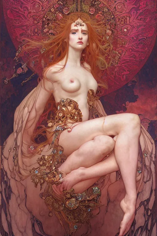 Image similar to masterpiece painting of ephemeral immortal succubus girl by donato giancola, darius zawadzki and tom bagshaw, face by artgerm and edmund leighton, alphonse mucha, background by james jean and gustav klimt, 8 k, otherworldly horror, crimson color palette, volumetric lighting, porcelain skin, french nouveau, trending on pixiv