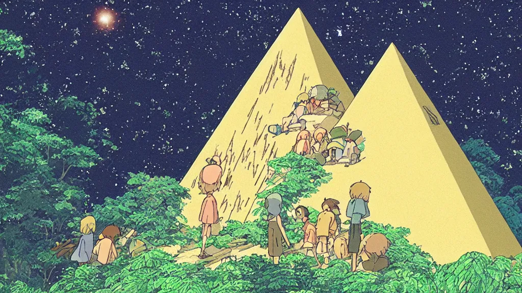 Image similar to a movie still from a studio ghibli film showing a glowing pyramid in the rainforest. a group of giant wizards meditate outside on a misty and starry night. by studio ghibli