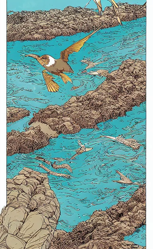 Image similar to bird swimming on its back, view from above, river, peaceful, by Geof Darrow and James Jean,