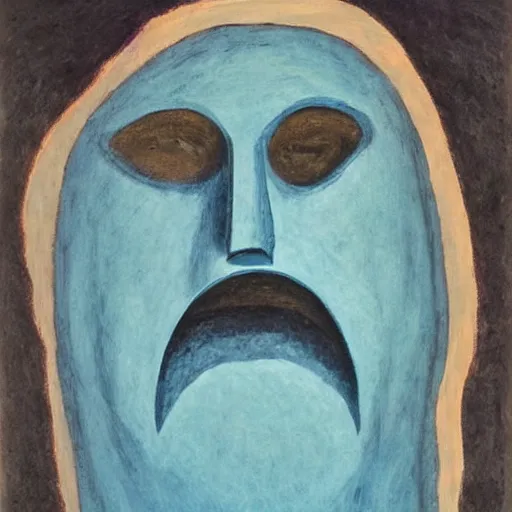 Prompt: aquamarine by ben shahn wormhole. a beautiful installation art of a giant head. the head is bald & has a big nose. the eyes are wide open & have a crazy look. the mouth is open & has sharp teeth. the neck is long & thin.