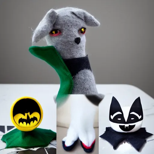 Image similar to cute sock puppet fox dressed as batman, kawai, wool, photorealistic, very detailed, eating crayons, 4 k