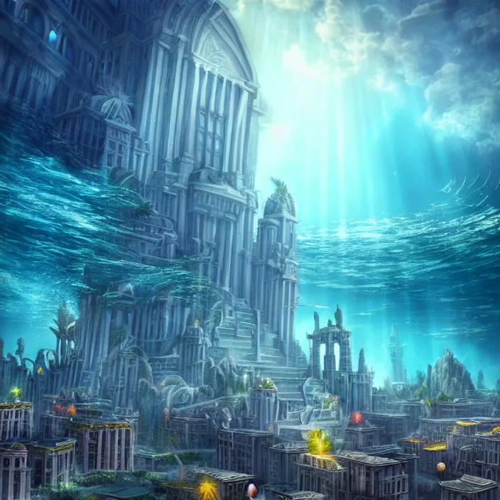 Prompt: hyper realistic, high detail photo of city of atlantis, underwater, lights on buildings, beautiful, dreary lighting, crystal ball