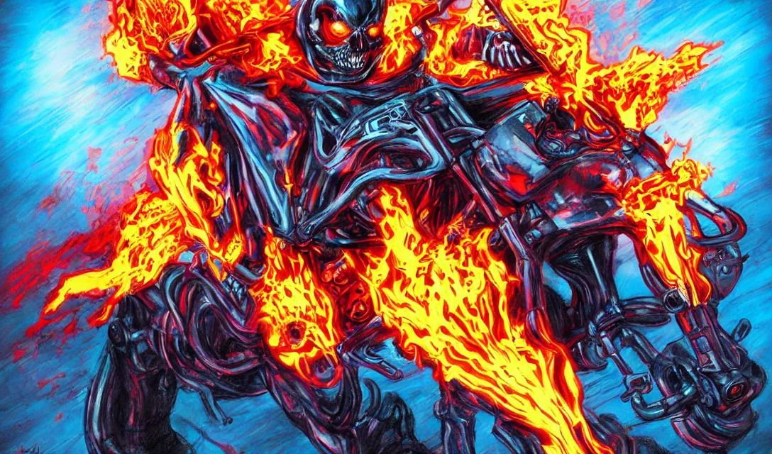 Image similar to ghost rider in the hell, epic pose, pastel, colorful, bright, cartoony,, digital art