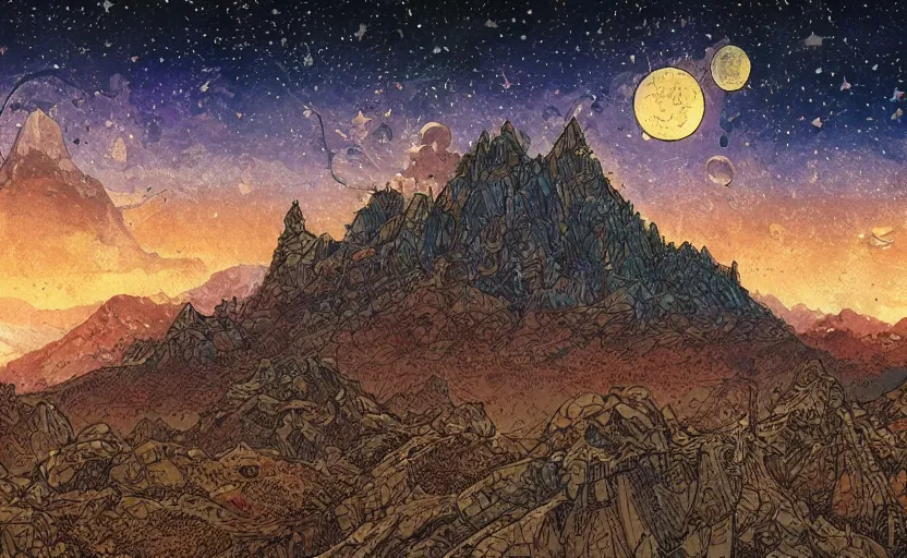 Prompt: mountains, stars and paisley filled sky, artstation, intricate, highly detailed, digital painting, concept art, sharp focus, illustration by Enki Bilal and Ivan Bilibin