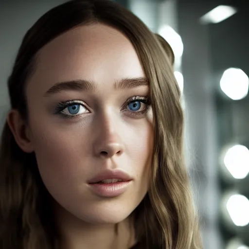 Image similar to alycia debnam carey standing while posing for a photo, award winning photography, HDR, studio lighting, dynamic pose, medium close shot, shot on Canon EOS R5, f/2.5,