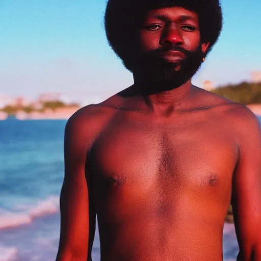 Prompt: close - up portrait of an afro men at the beach, zoomed, sharp focus, sunset, film still, analog film, 3 5 mm, 1 9 8 4, disposable camera, retro