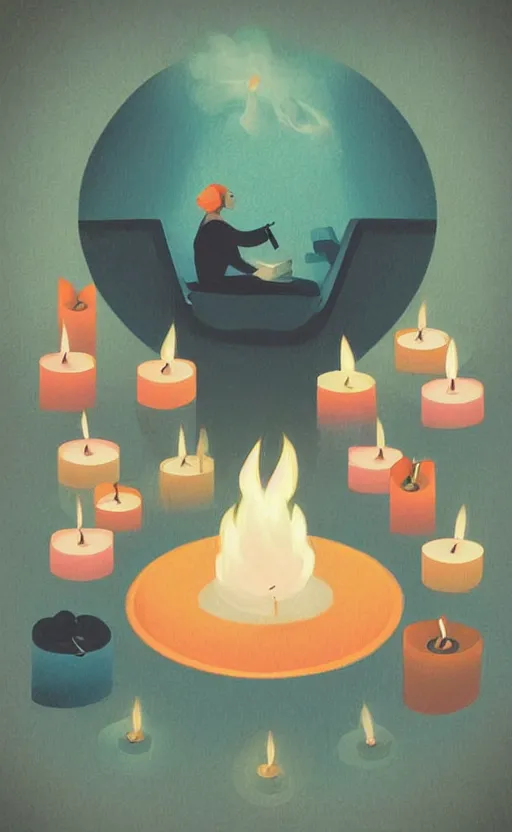 Image similar to illustration with a set of beautiful scented candles, close - up photo in cozy interior, candle lighting, glowing, pinterest, an art deco painting by tom whalen, trending on behance, art deco, digital illustration, storybook illustration, grainy texture, flat shading, vector art, airbrush, pastel, watercolor, poster