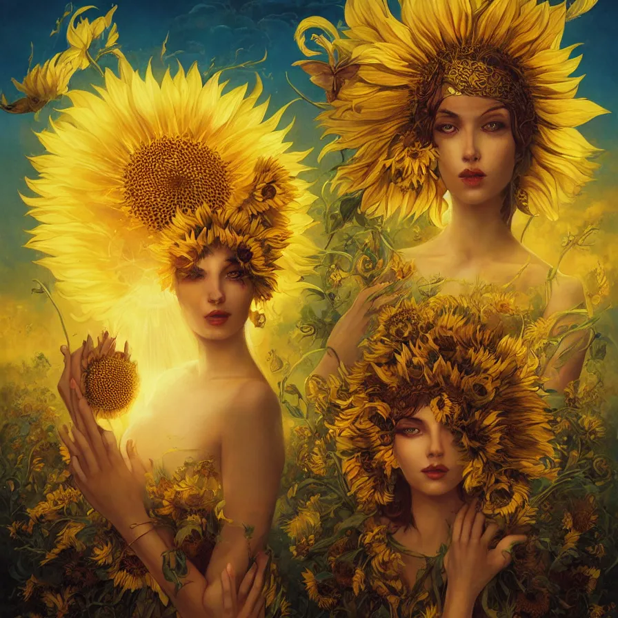 Prompt: The goddess of sunflower wearing an helianthus golden crown and presiding over the rays of the sun, by Anato Finnstark, Tom Bagshaw, Brom