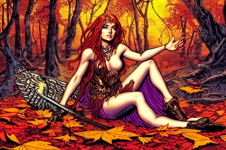 Image similar to an angelic female warrior sitting in an autumn forest, fantasy graphic novel style, by wendy pini and virgil finlay, intricate, vivid gradient colors, very fine inking lines, extremely detailed, 4k, hd