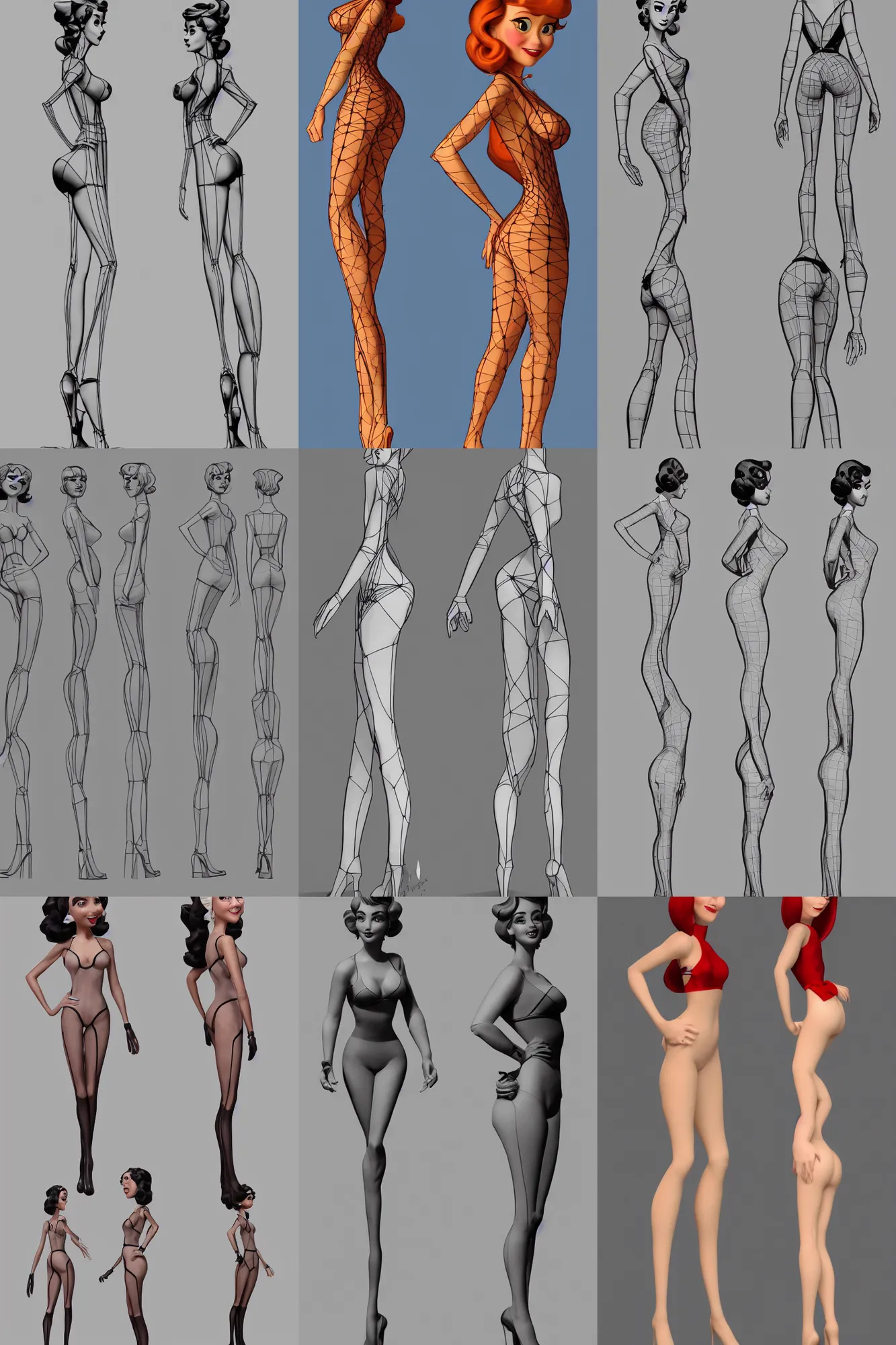 Prompt: a pretty pin up girl, character design by pixar, character model sheet turnaround, front and side views, back view also, cgsociety award, wireframe, symetrical face, detailed face, 4 k, hd, by steven stahlberg