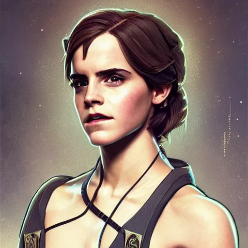 Image similar to Emma Watson as a synth in Fallout 4, gorgeous, beautiful, intricate, highly detailed, digital painting, artstation, oppressive lighting, concept art, sharp focus, illustration, art by greg rutkowski and alphonse mucha