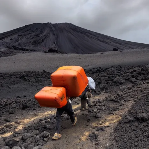 Prompt: heavy cargo transport ruck, volcano landscape