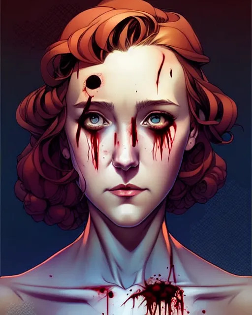 Prompt: artgerm, joshua middleton comic cover art, pretty serial killer maika monroe full body, creepy smiling, covered in blood, symmetrical eyes, symmetrical face, long curly brown hair, standing in front of an abandoned house background