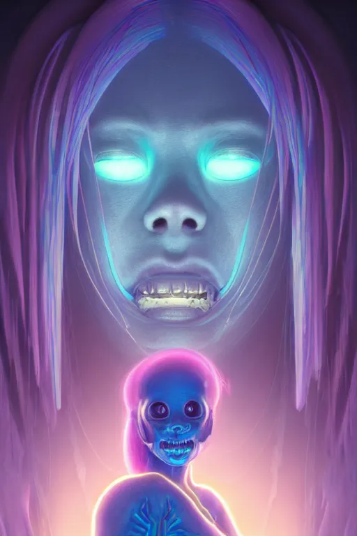 Image similar to portrait of a cute smiling bioluminescent creature, cyberpunk, dark retrowave, highly detailed, asymmetrical artwork, cinematic, hyperrealism, art by zdzisław beksinski and stanley lau and artgerm and magali villeneuve and alphonse mucha, artstation, octane render, unreal engine, 8 k, aperture f 1. 2