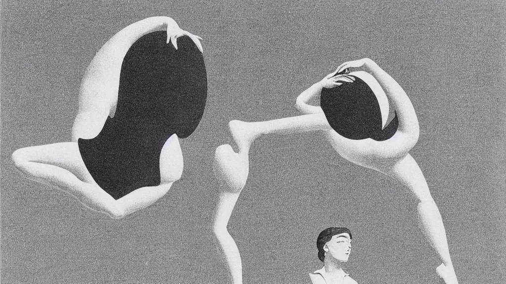 Prompt: A vintage scientific illustration from the 1970s of a choreography for people who can float on the moon by René Magritte