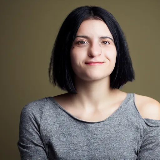 Image similar to young woman with shoulder - length messy black hair, slightly smiling, 1 3 5 mm nikon portrait