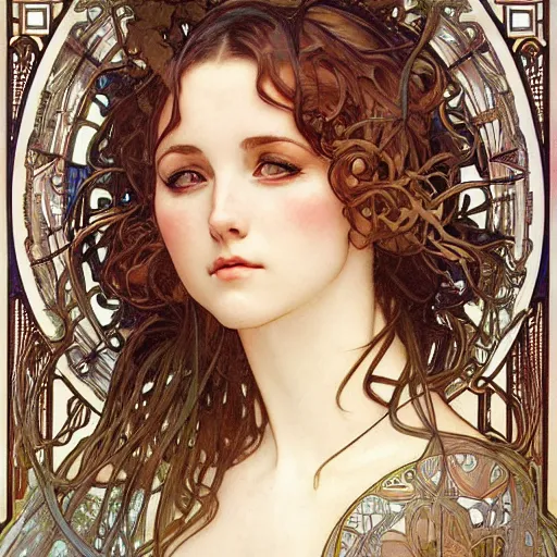 Prompt: realistic detailed symmetrical frontal head and shoulders profile portrait of Mia Kirschner by Alphonse Mucha, Ayami Kojima, Amano, Charlie Bowater, Karol Bak, Greg Hildebrandt, Jean Delville, and Mark Brooks, Art Nouveau, Neo-Gothic, gothic, Mia Kischner, rich deep moody colors