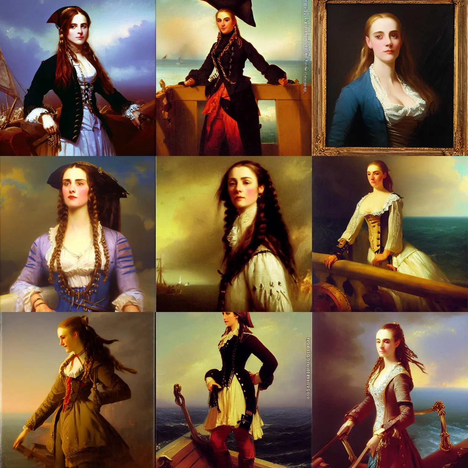 Prompt: Portrait of Elizabeth Swann as a pirate, oil-on-canvas by Ivan Aivazovsky