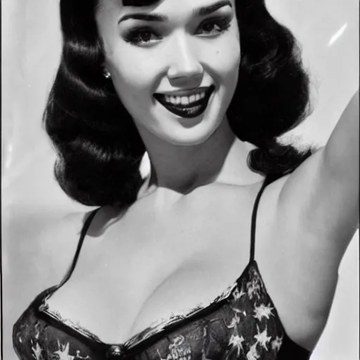 Prompt: a vintage photo of Jessica alba as bettie page, photo reels shot by Irving and Paula Klaw