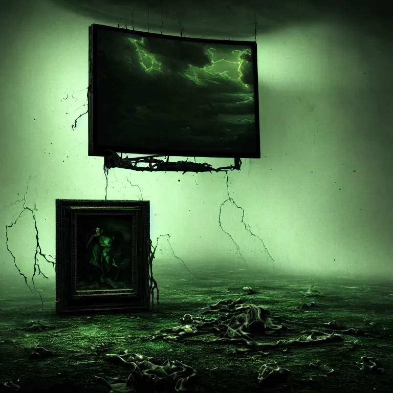 Prompt: surreal haunted abandoned ribbed broken dripping pc monitor, dark clouds, dark green tint, dream-like heavy atmosphere, baroque painting, beautiful detailed intricate insanely detailed octane render trending on Artstation, 8K artistic photography, photorealistic, dramatic volumetric cinematic perfect light, chiaroscuro, award-winning photograph, masterpiece, Raphael, Caravaggio, Beksinski, Giger