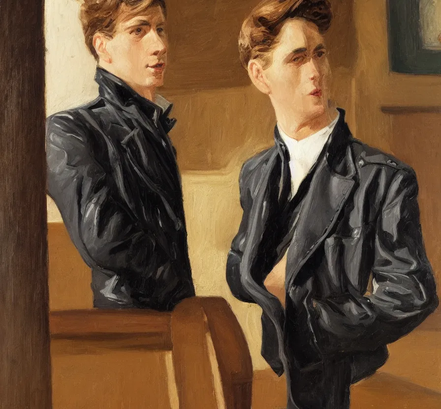 Image similar to a very detailed portrait of a man wearing a jacket with big shoulder pads, very aesthetic leather jacket, detailed closeup of leather jacket, front view, in the style of edward hopper and oswald hornby joseph birley and susan ryder, very small brushstrokes, 4 k,