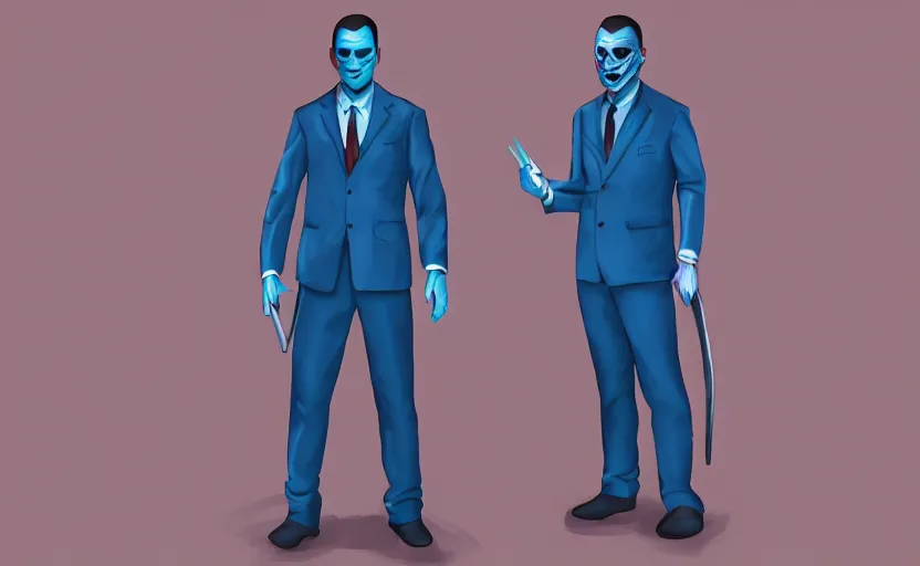 Image similar to cinematic view of a dead by daylight killer lawyer wearing a blue business suit, character portrait, digital art