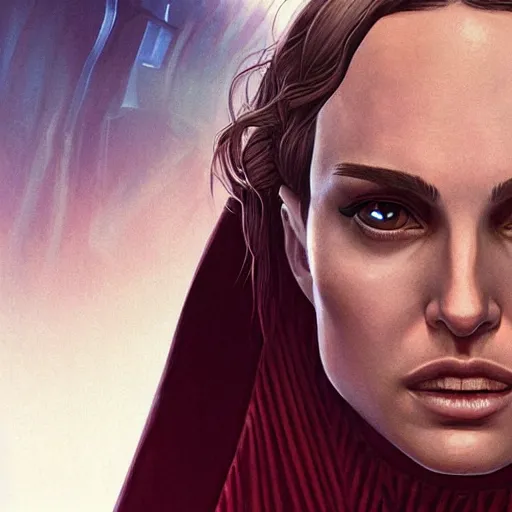 Prompt: natalie portman, female, jedi master, wearing the traditional jedi robe, beautiful and uniquely odd looking, detailed symmetrical close up portrait, intricate complexity, in the style of artgerm and ilya kuvshinov, magic the gathering, star wars art,