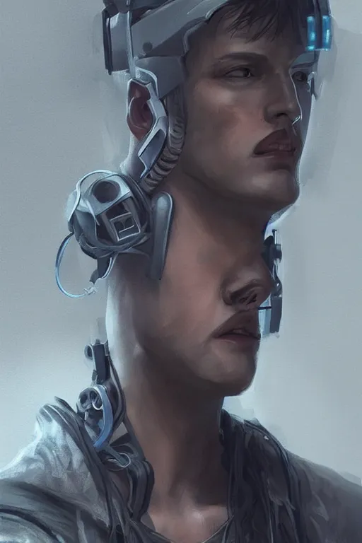 Image similar to head and shoes and feet, cyberpunk, male character, beautiful head, concept art, artstation, intricate details, dramatic lighting