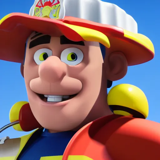 Prompt: sam from fireman sam as a real world character, octane render, volumetric light,