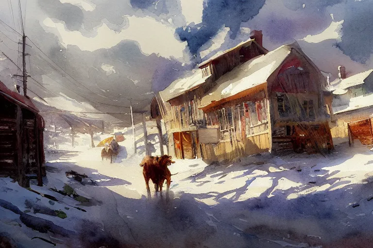 Image similar to small centered on watercolor paper, paint brush strokes, abstract watercolor painting of snow western town, american frontier, midday sharp light, dust, cinematic light, american romanticism by hans dahl, by jesper ejsing, by anders zorn, by greg rutkowski, by greg manchess, by tyler edlin