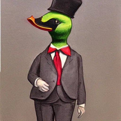 Image similar to a high detail photo of an antropomorphic duck wearing a suit, subject= duck, subject detail: wearing a suit, photorealism