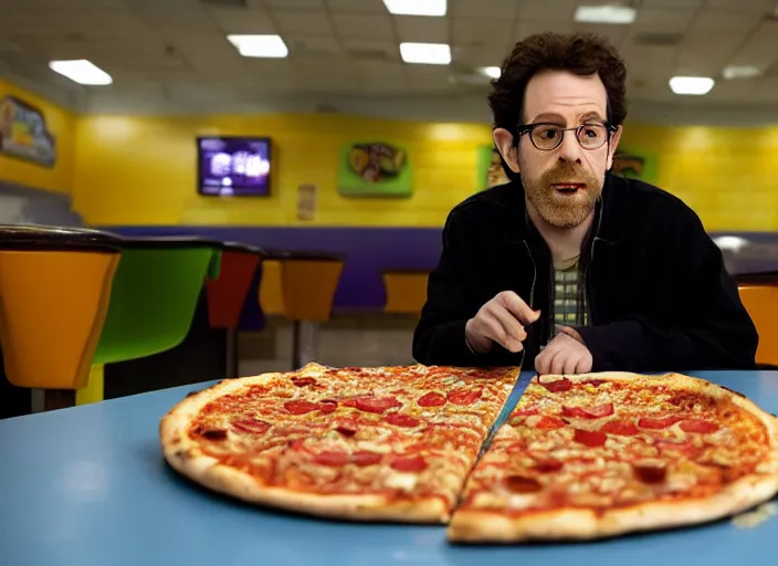 Image similar to charlie kaufman eating pizza at chuck - e - cheese, dramatic lighting, film still from breaking bad ( 2 0 1 0 ), 3 5 mm kodak, 2 4 mm lens, directed by rian johnson