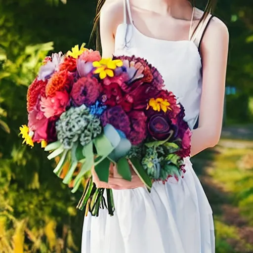 Image similar to anime girl holds a bouquet,