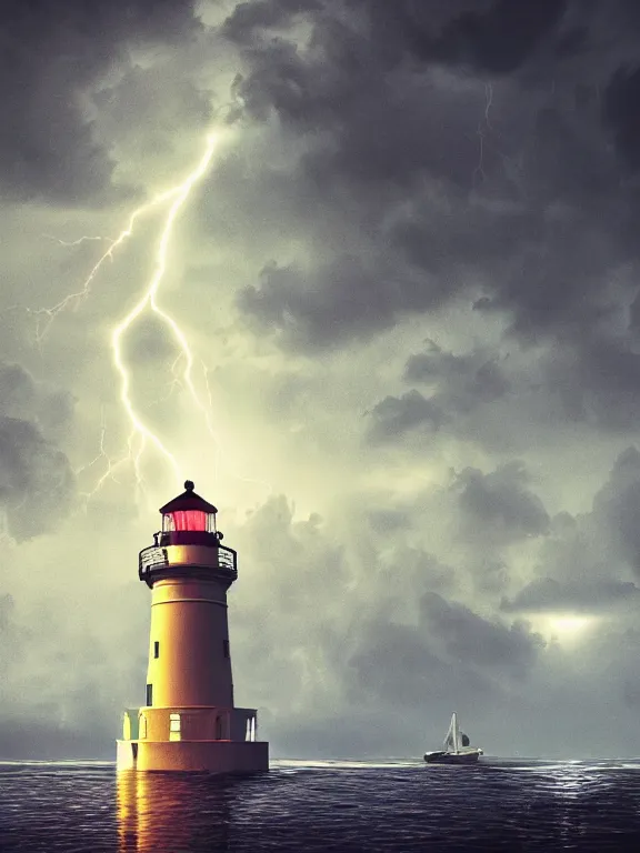 Prompt: photo of 8k ultra realistic lighthouse on island, heavy rain, ,lightning storm, boat lights in distance, night, light shining, heavy seas, full of colour, cinematic lighting, battered, trending on artstation, 4k, hyperrealistic, focused, extreme details,unreal engine 5, cinematic, masterpiece, art by Alena Aenami
