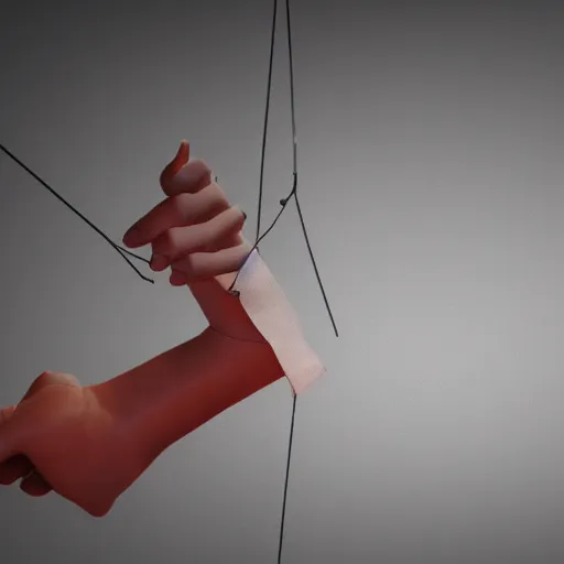 Image similar to shadow of a puppet being held up with strings and the puppeteers hand, depth field, unreal engine, 4k concept art and hyper realism