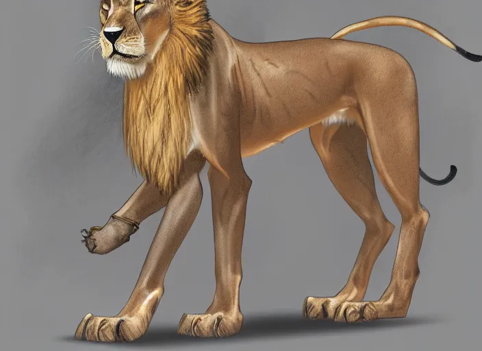 Image similar to fullbody feral egyptian lion character design of an egyptian lion. egyptian lion deviantart adoptable, style of maple story and zootopia, disney portrait studio lighting by jessica rossier and brian froud in the style of disney, traditional