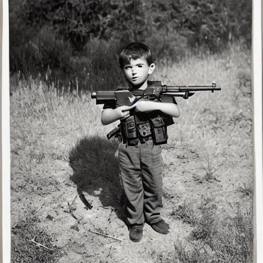 Image similar to a portrait of a young boy carrying a AK-47 rifle by Ansel Adams