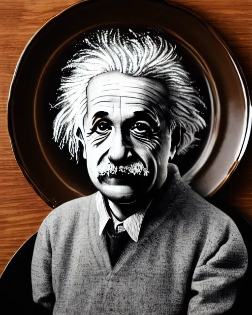 Image similar to a portrait of albert einstein sitting at the dining table with a plate containing namkeen in front of him, highly detailed, trending on artstation, bokeh, 9 0 mm, f / 1. 4