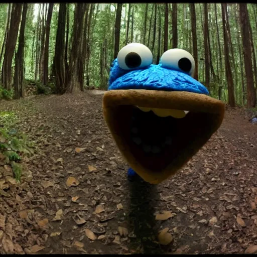 Image similar to Cookie monster caught on trail cam, trail camera footage, wide angle lens, night vision