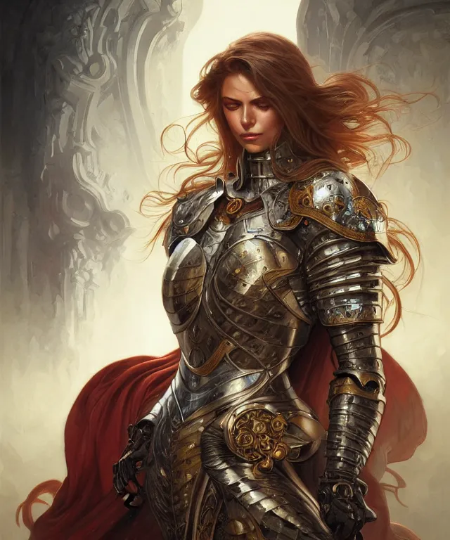 Image similar to Muscular and powerful medieval knight woman portrait, sci-fi, amber eyes, face, long hair, fantasy, intricate, elegant, highly detailed, digital painting, artstation, concept art, smooth, sharp focus, illustration, art by artgerm and greg rutkowski and alphonse mucha