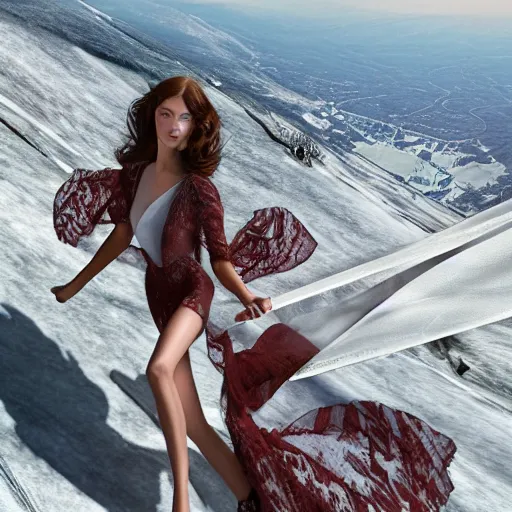 Prompt: Glamorous Runway Model wearing a sheer white dress competes in the Annual Extreme Ironing Competition on top of Mt. Washington Vermont with winds of 80mph, long wind blown dark reddish hair, tight bone structure, olive skin, intricate, elegant, highly detailed, octane render, photorealistic, smooth, depth of field blur, illustration, art by artgerm and James Jean, John Harris