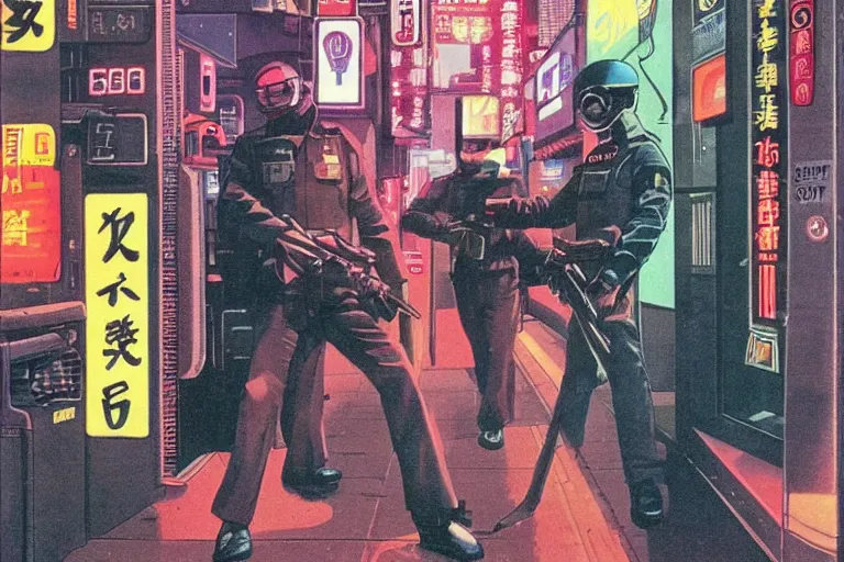 Prompt: 1979 OMNI Magazine Cover of a police stopping a downtown convenience store robbery in neo-Tokyo in cyberpunk style by Vincent Di Fate