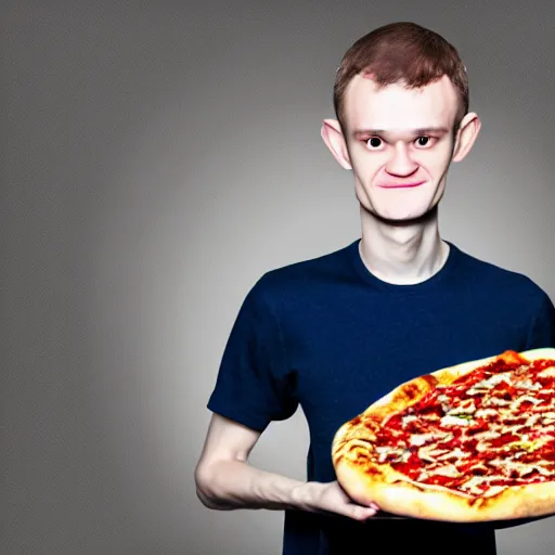 Prompt: 'Portrait of Vitalik Buterin with a wizard hat holding proudly a pizza in his hands'