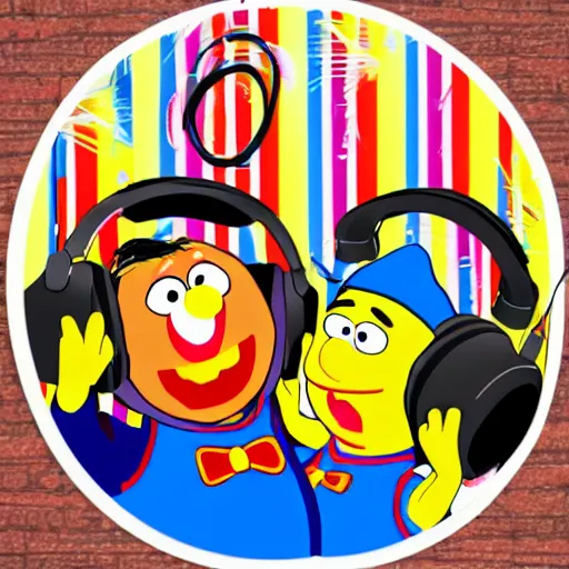 Image similar to svg sticker of a Pop-Wonder Bert&Ernie, Sesame-Street, at a rave, spinning records, giant headphones rocking out, wearing headphones, huge speakers, dancing, rave, DJ, spinning records, digital art, amazing composition, rule-of-thirds, award-winning, trending on artstation, featured on deviantart