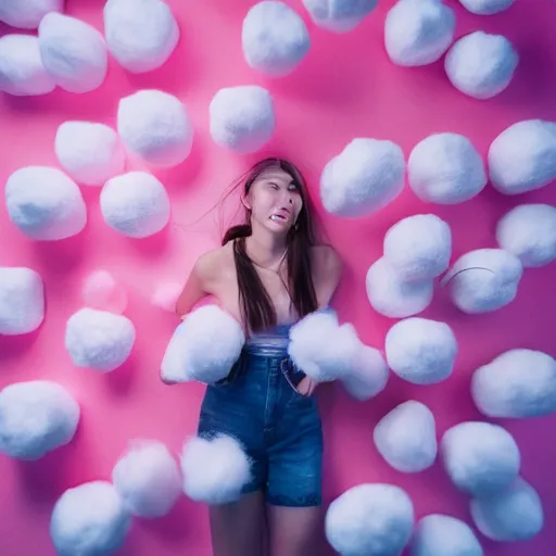 Image similar to a cute girl model surrounded by floating pink cotton balls, photorealistic, hyperdetailed, studio lighting, shot on iphone 1 3 pro,